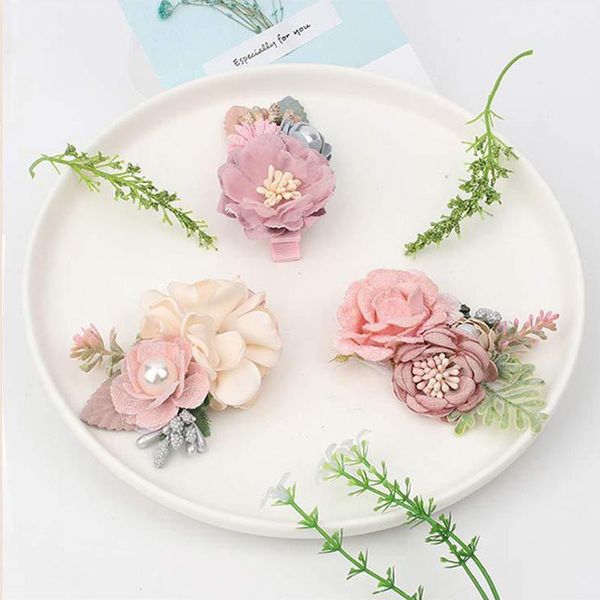 

hair accessories baby flower clips hairpins sweet artificial floral mesh rose pearl for girls kids hairgrips, Slivery;white