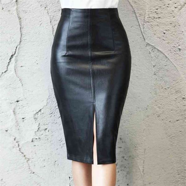 

women pu leather midi skirt autumn winter ladies package hip front or back slit pencil plus size 210629, Black