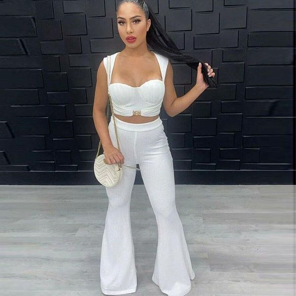 

women's two piece pants casual knitted 2 set women crop and long flare suit 2021 summer outfits high waist trousers jumpsuit, White