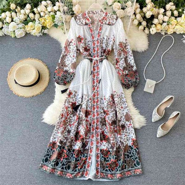

women's spring autumn dress retro style print lace waist slim long sleeve female es ll941 210507, Black;gray