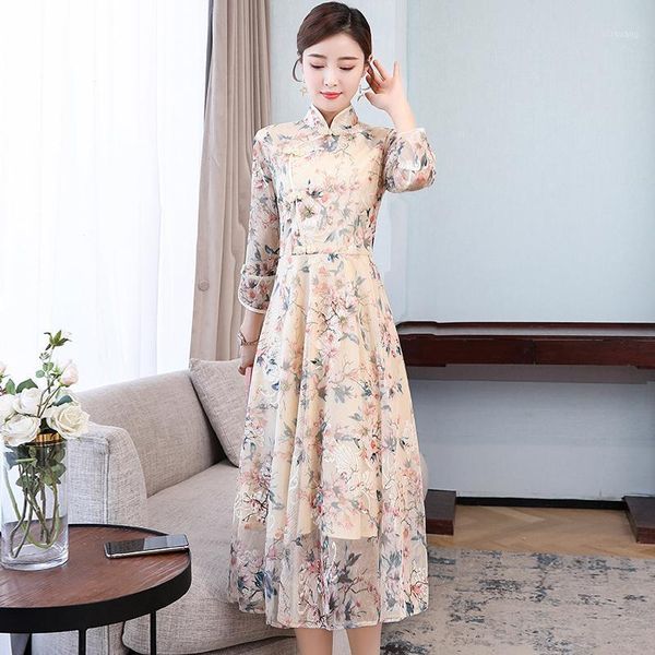 

casual dresses summer chinese cheongsam young girl modified dress vintage floral printed long elegant mandarin collar female qipao, Black;gray