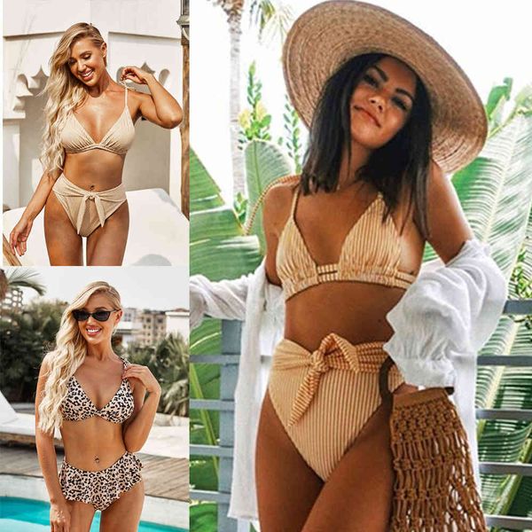 

swimwear 2021 bikini high waist striped print split leopard skirt, White;black