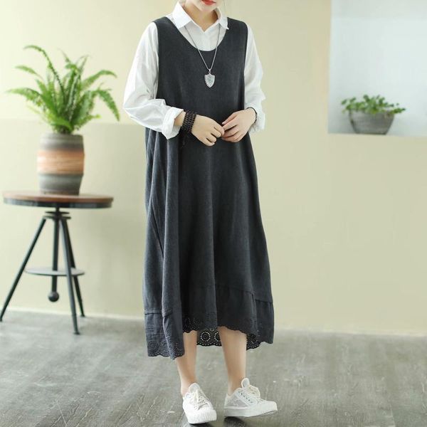 

casual dresses simple 2021 autumn winter style long female sling literary loose large size dress sleeveless solid color, Black;gray