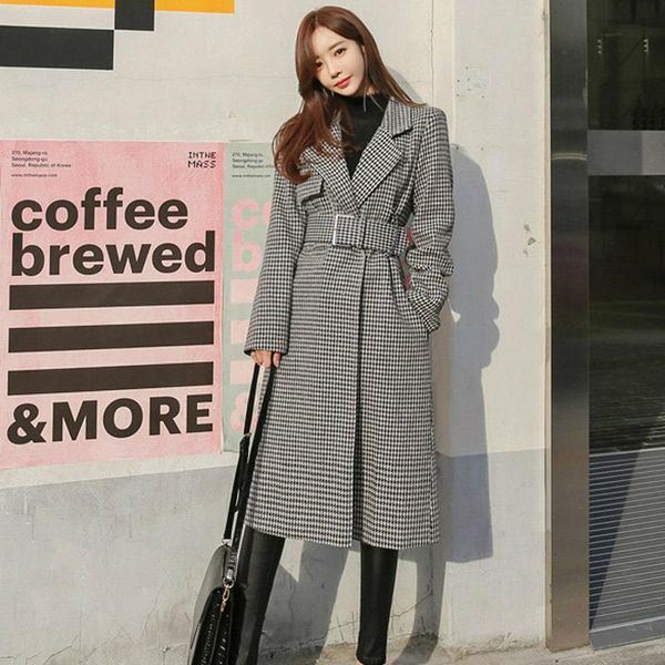 

women's wool & blends single breasted ruched collar coat and jacket england style sashes women long autumn loose print plaid woolen, Black
