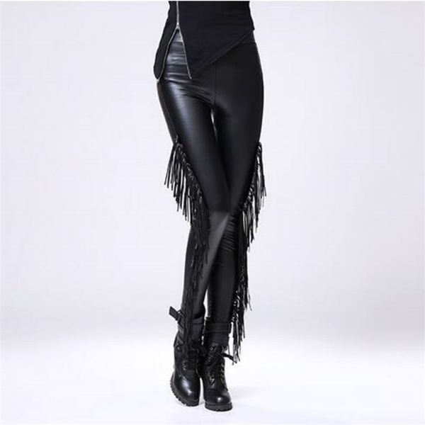 Leggins Gótico Sexy Legging Gothique Punk Rock Tassel Fringe Steampunk Senhoras Leggings Leggings Veludo com Pele Dentro 211221