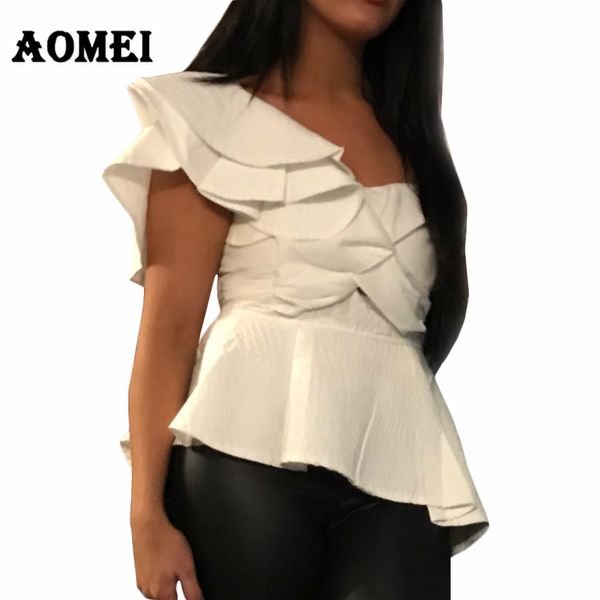 Camicetta con volant a strati bianchi da donna con una spalla Top sexy Camicia casual estiva da indossare con cerniera Chemisier Femme Ladies Blusas 210416