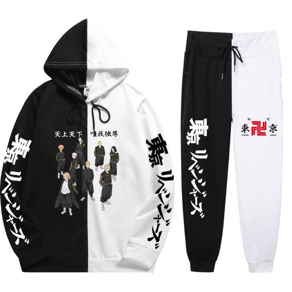

men's tracksuits trend summer autumn man 2 pieces sets anime tokyo revengers print casual soft patchwork thin hoodie+patchwork pants, Gray