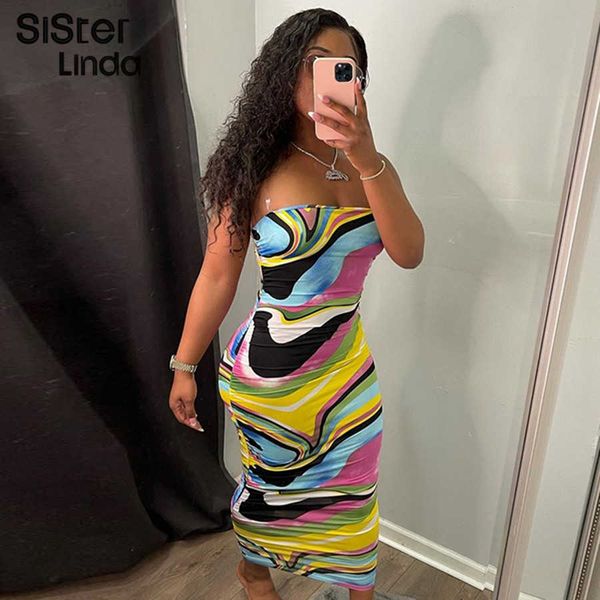 Estética Impressão colorida Camisole Maxi Dress Mulheres Verão Sem Mangas Mangas Stripy Trend Party Club Vestidos Longos 2021 Y1006