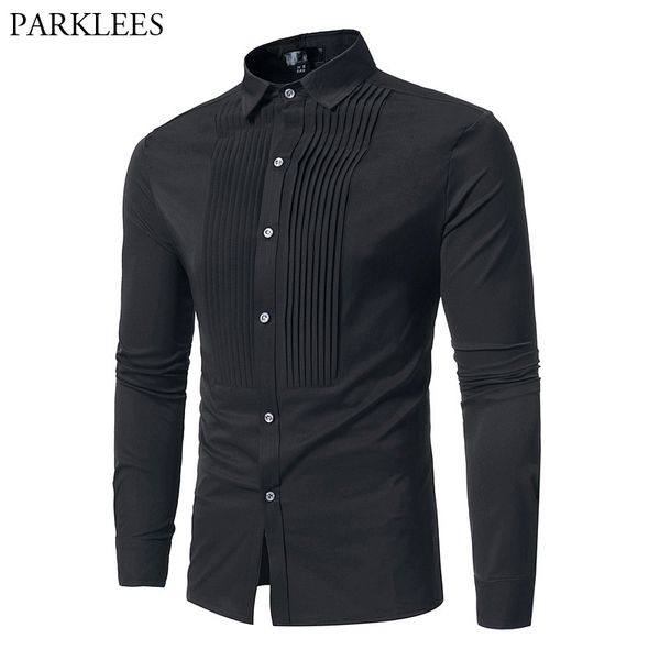 

mens pleat black tuxedo dress shirts autumn slim fit long sleeve chemise homme wedding dinner party banquet shirt men 210522, White;black