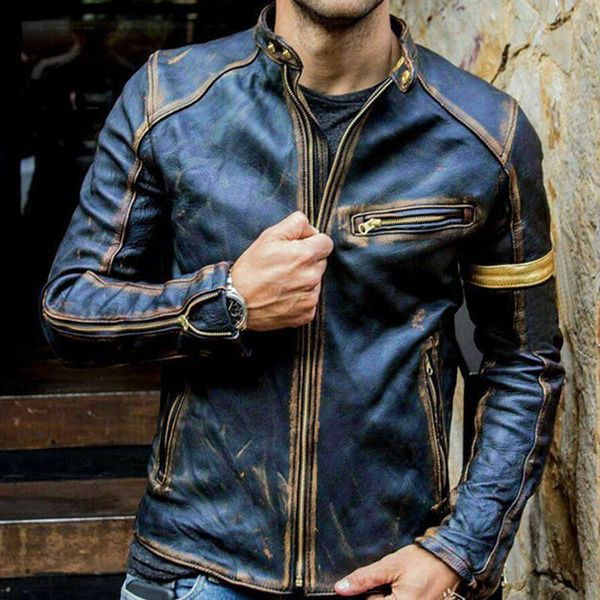 

jacket men's fashion faux leather stand punk motorcycle jacket autumn winter casual long sleeve zipper stitching jacket 211009, Black