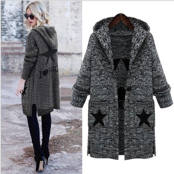 

women's trench coats 2021 autumn and winter style hooded collar slim embroidered pattern long knit cardigan jacquard, Tan;black