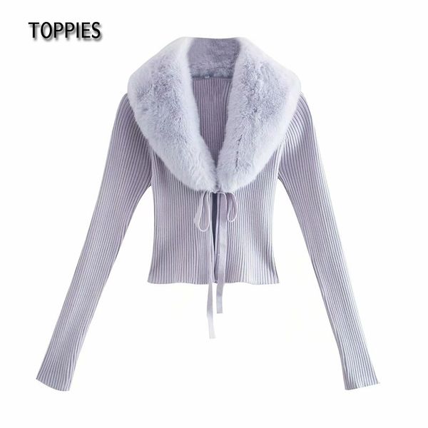 Topopies Moda Faux Fur Cardigan Suéteres Mulheres Chic Tops Tops Sexy Cropped Sweater V-Neck Cinto Roupas Femininas 210412