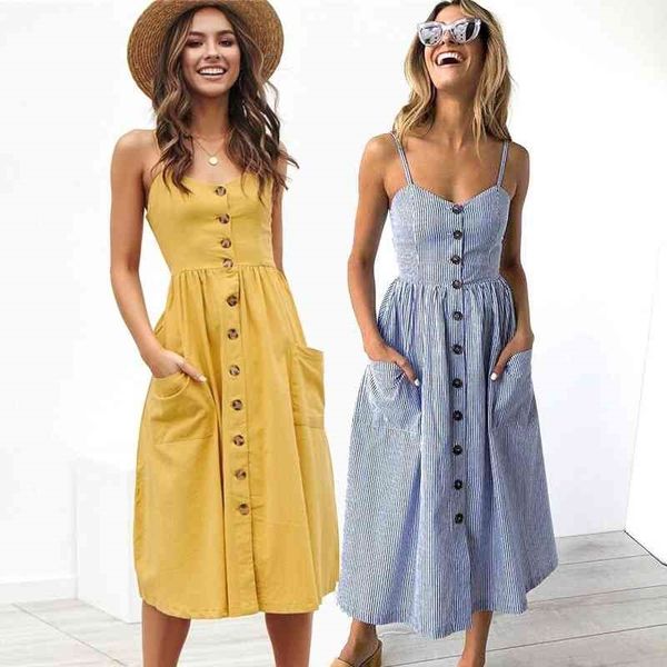 

holiday beach party strap midi summer dress button pocket tunic dot floral striped print female vintage dresses vestidos 210402, Black;gray