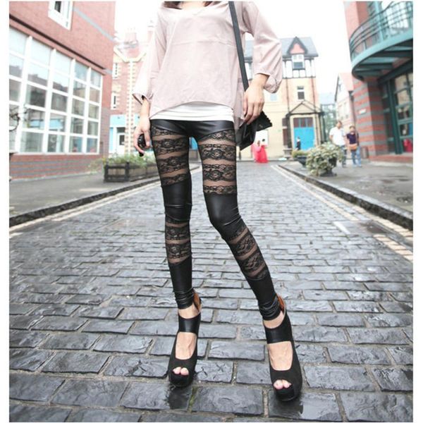 

women's leggings high-end fashion punk black rose patchwork hollow out faux leather gothic women bandage lace party pencil
