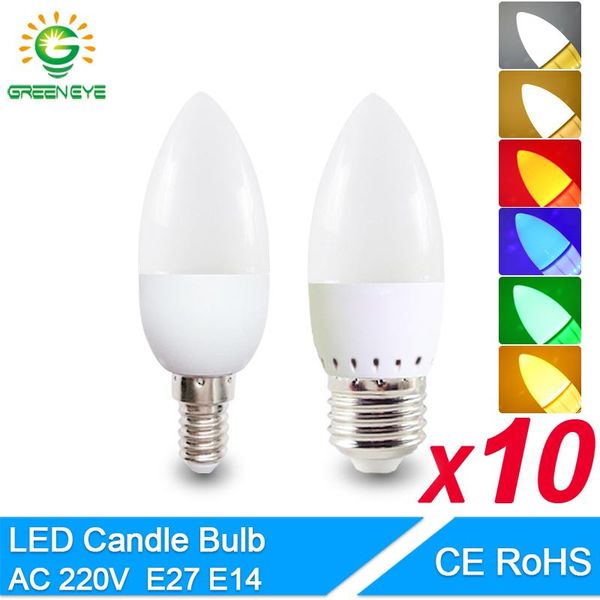 

bulbs 10pcs/lot e14 led candle bulb ac 220v e27 chandelier lamp 3w decoration light six colors energy saving