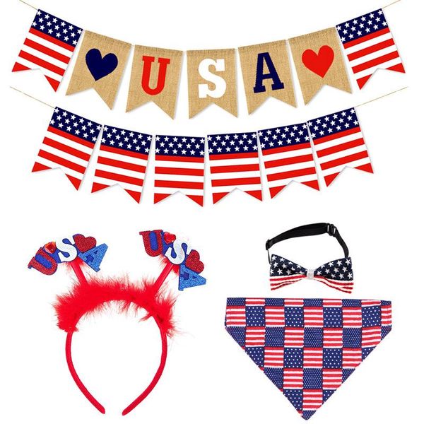 

party decoration american flag personality linen pull scene triangle bow tie hair band birthday holiday dress up suit