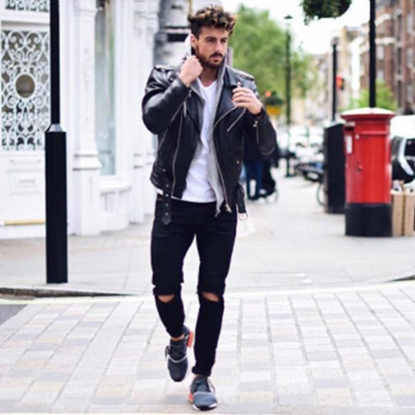 

men's hole jeans recommended fashion black tight feet pants wild models, Blue