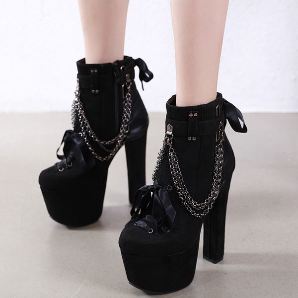 

16cm chic chunky heel platform with metal chain buckle woman knight boots designer shoes size 34 to 40, Black
