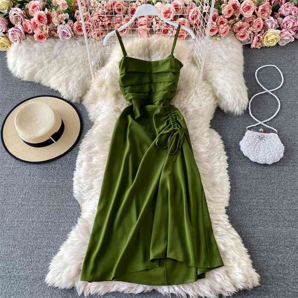 

summer green spaghetti strap dress women sleeveless backless pleated drawstring a-line casual beach holiday 210603, Black;gray