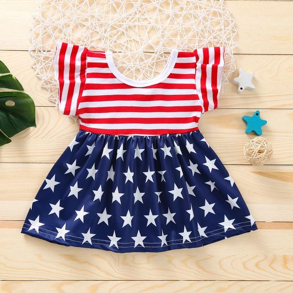

girl's dresses 18m-4t toddler infant kid girls summer dress sleeve stripe star 4th-of-july princess baby's casual clothing, Red;yellow