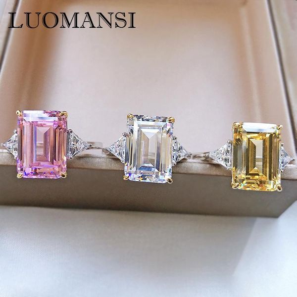 

cluster rings luomansi 14*10 high carbon diamond ring 100% s925 sterling silver rectangular wedding women fine jewelry accessories, Golden;silver