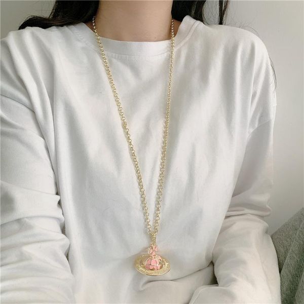 

chains korean 2021 spray paint long necklace satellite planet cross fashion temperament, Silver
