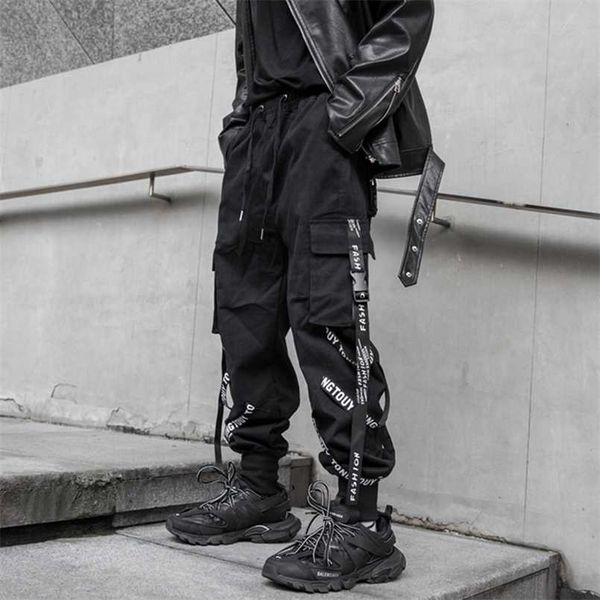 

houzhou black cargo pants men joggers cargo trousers for men jogging japanese streetwear hip hop hippie techwear gothic ribbon 211112