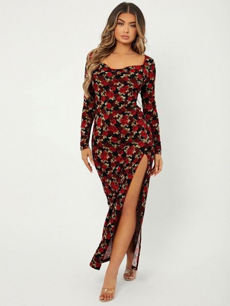 

sxy allover floral print sweetheart neck split thigh dress e4oi#, Black;gray