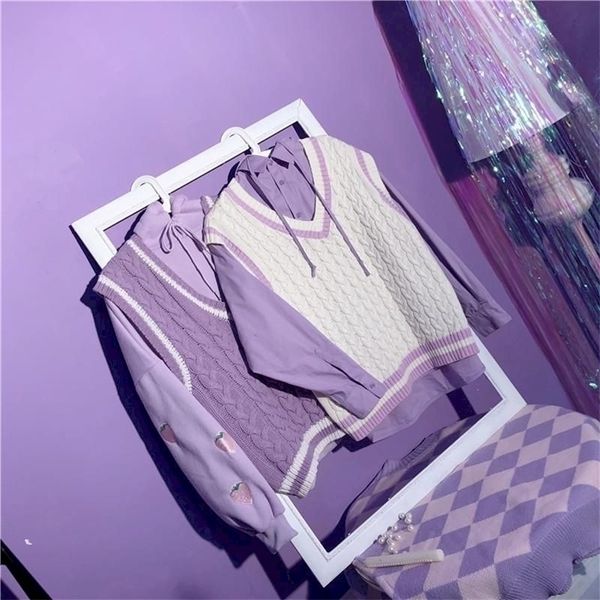 

purple retro vest japanese sweet women knitted jacket for korean style oversized clothes sleeveless young jackets, Black;white