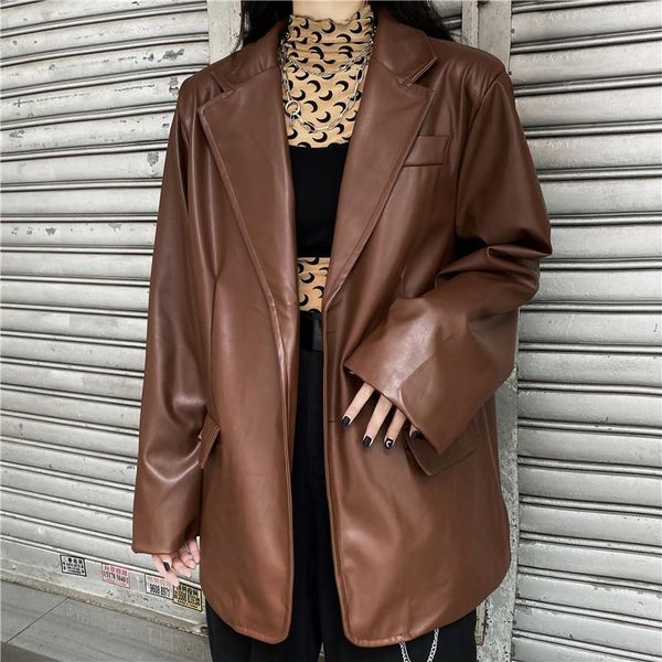 

women's leather & faux korean black motor pu jacket vintage warm female loose long sleeve suit blazers fashion streetwear women winter