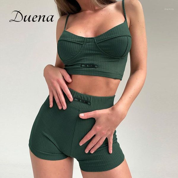 

women's tracksuits duena women shorts matching sets with label woman 2 piece high waist green ribbed sport summer tracksuit, Gray