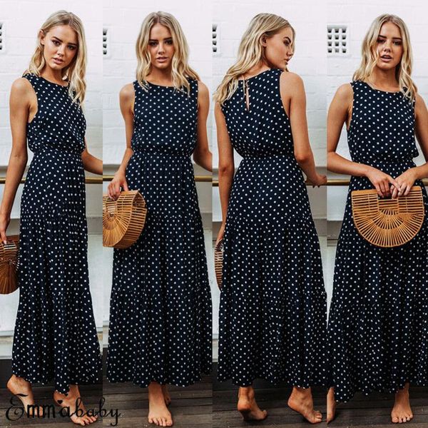 

bobo women dark blue boho loose sleeveless holiday dot print long maxi dress evening party beach dresses summer sundress casual, Black;gray