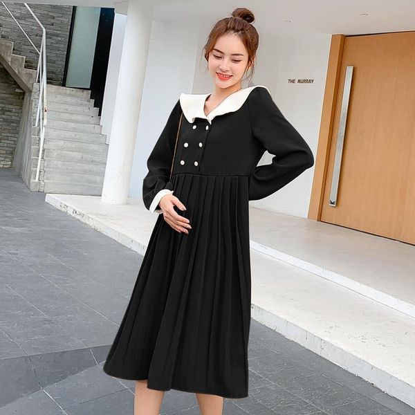 

maternity dresses fashion loose pregnant women lactation dress long sleeve turn-down collar buttons pregnancy breastfeeding, White