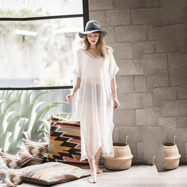 

boho kaftan women loose chiffon beach dress long bikini cover up saida de praia high split swimsuit cover-ups sarong robe women's swimw, White;black
