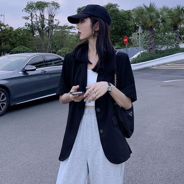 

women's suits & blazers single breasted short sleeve suit coat thin 2021 summer korean fashion loose casual top, White;black