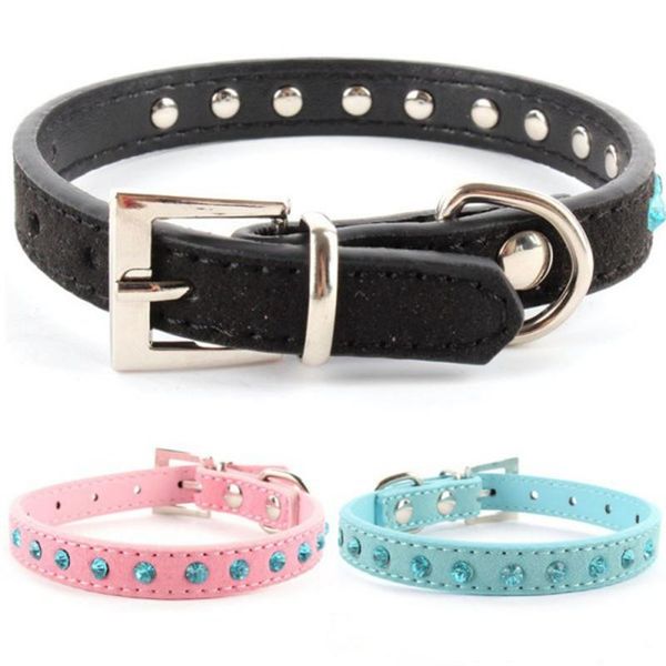

est adjustable small pet dog velvet pu leather collar puppy cat crystal rhinestone neck strap decoration for gifts dress collars & leashes