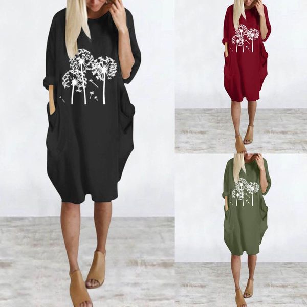 

casual dresses women midi dress long sleeve mama dandelion print o neck pocket vintage party woman vestidos robes mujer, Black;gray