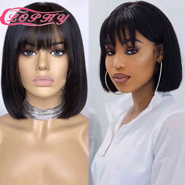 

straight bob wig with bangs human hair wigs for black women brazilian full machine can be permed & dye, Black;brown