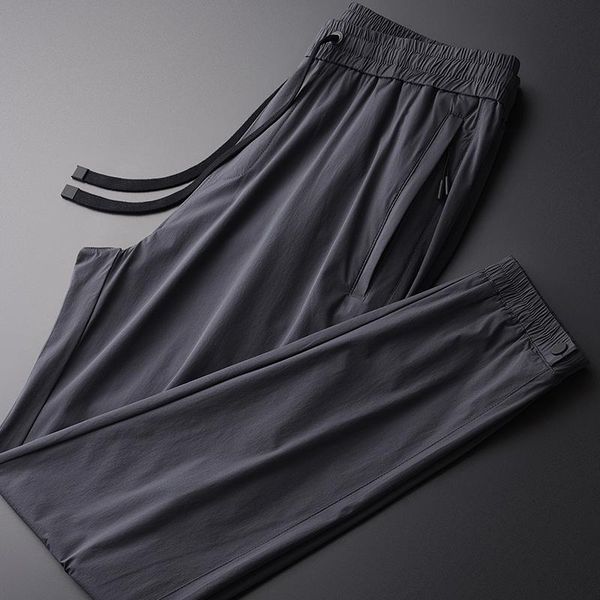 

men's pants classic summer thin mens luxury silky fabric slim casual ankle-length plus size 4xl elastic waist ankle-tied, Black