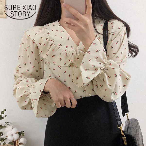 

korean autumn puff sleeve chiffon women blouse office lady v-neck floral shirts women cardigan plus size ladies' 10335 210528, White