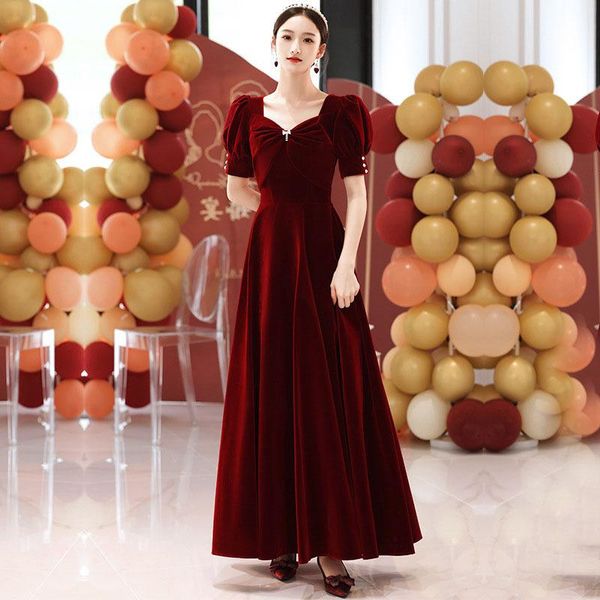 

ethnic clothing lantern sleeve exquisite bowknot cheongsam fairy velour burgundy dress gown a-line elegant v-neck vestidos de festa, Red
