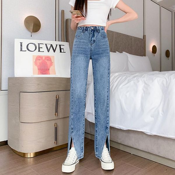 

women's jeans spring and autumn front slit high waist thin straight mopping wide leg split micro flare pants, Blue