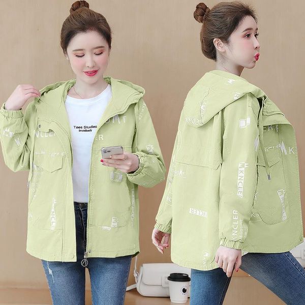

women's trench coats casual coat female sweet style loose letter printing women windbreaker tooling hooded zipper outwear 2021 autumn, Tan;black