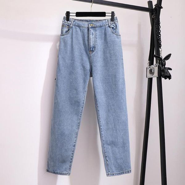 

2xl-6xl large size women jean trousers autumn winter plus 5xl casual elastic waist denim pant big wide leg jeans women's, Blue