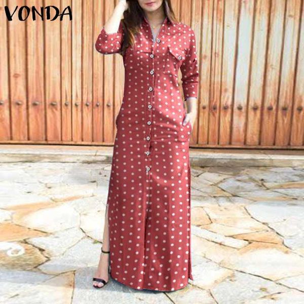 

casual dresses women polka dot print dress 2021 vonda vintage long sleeve lapel neck side slit shirt holiday sundress vestidos plus size, Black;gray