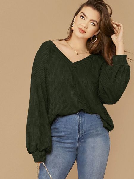 

plus drop shoulder lantern sleeve waffle knit l4l7#, Black