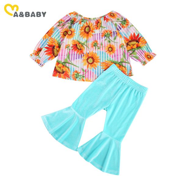 

2-7y autumn spring kid children girls flower clothes set ruffles sunflower velvet flare pants outfits 210515, White