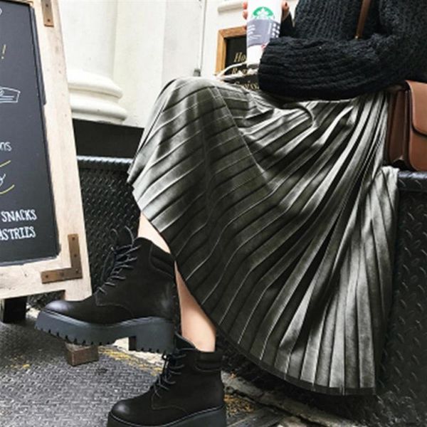 

skirts 2021 autumn solid color pleated skirt temperament long paragraph wild elastic waist fat mm loose large size female, Black