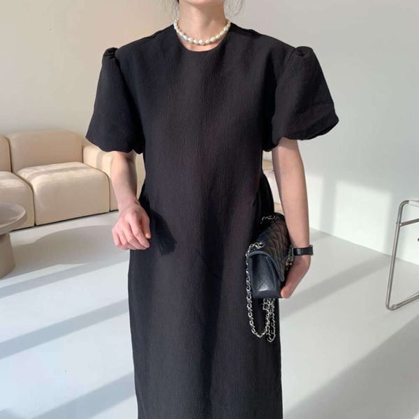 

casual dresses dress women clothesminimalism round neck pleated texture loose solid bubble sleeve long skirt tk9w, Black;gray