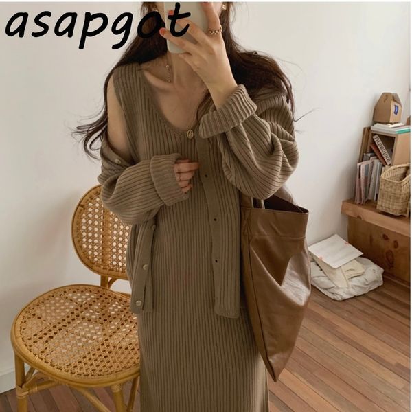 

autumn retro chic single-breasted sweater v-neck cardigan jacket loose solid knit tank dress fashion knitted 2piece set wild 210429, White